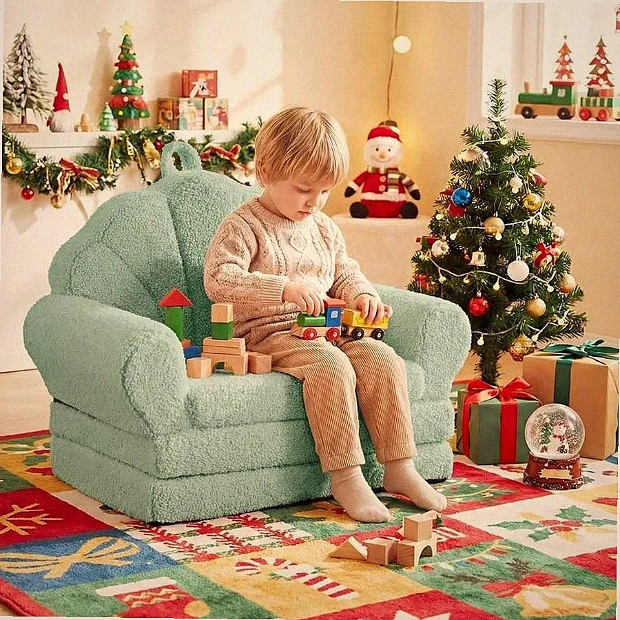2-in-1 Convertible Kids Sofa, Tri-Fold Teddy Fleece Toddler Couch & Lounger