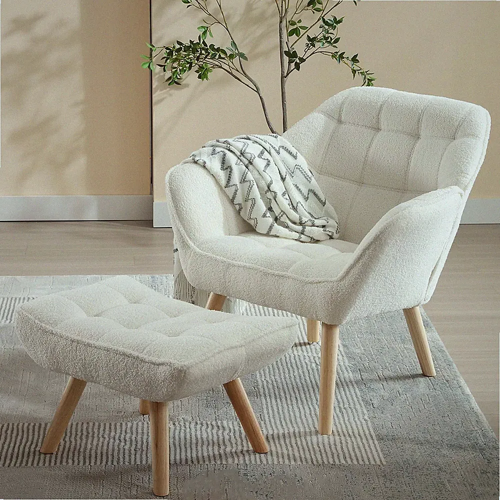 Cozy Sherpa Accent Chair & Ottoman for Small Spaces - Modern White Lounge Chair