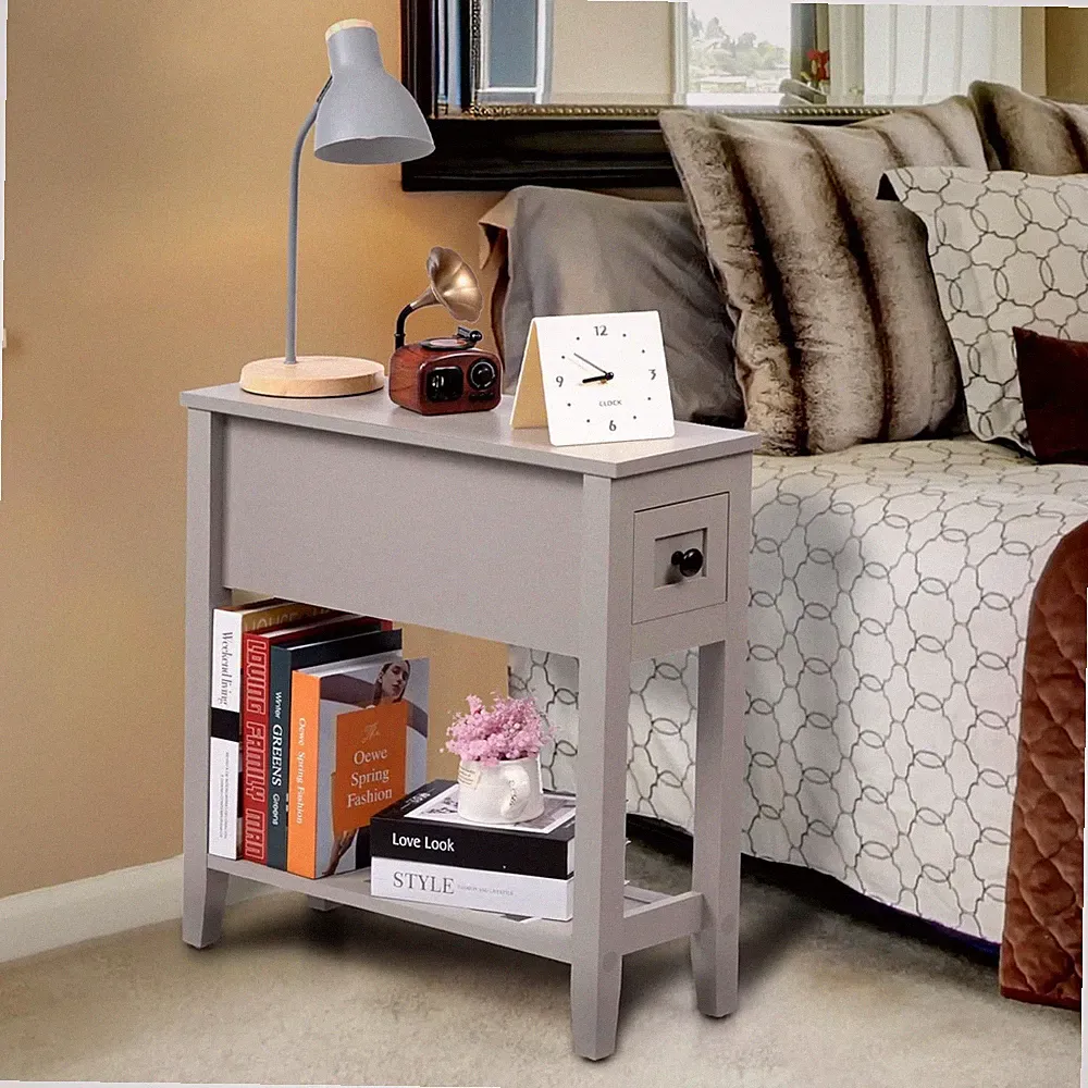 Grey Chairside Narrow End Table, Solid Recliner Side Table with Drawer, Slim...