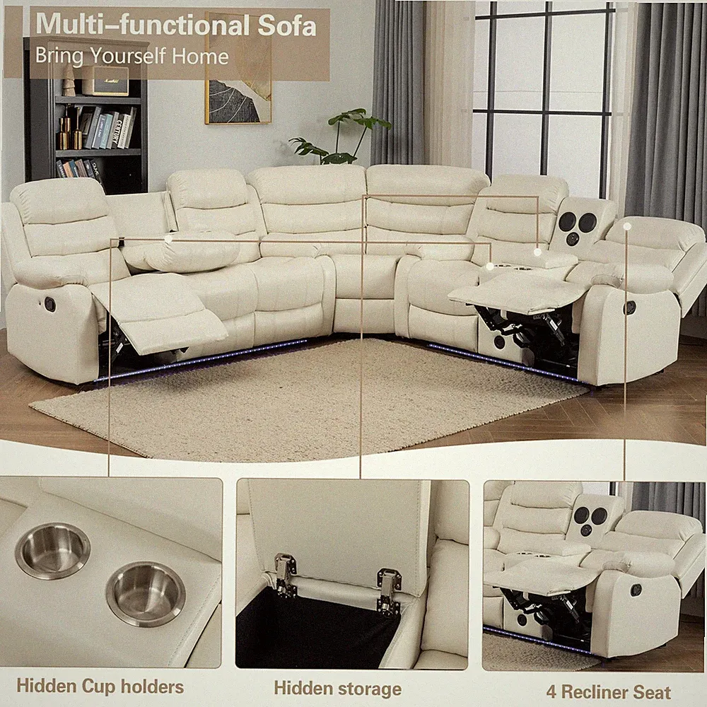 Hybition Faux Leather Living Room Set Modern Reclining Sectional Sofa Set -White