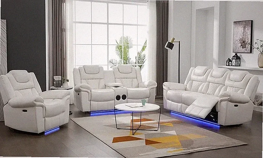 NEW 3PC LED Power Recliner Sofa Living Room Set White Leather Bluetooth Speaker