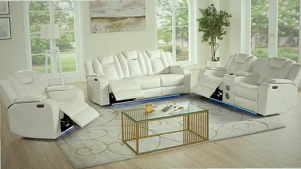 NEW 3PC Power Recliner Sofa Living Room Set White with LED & Bluetooth Speaker