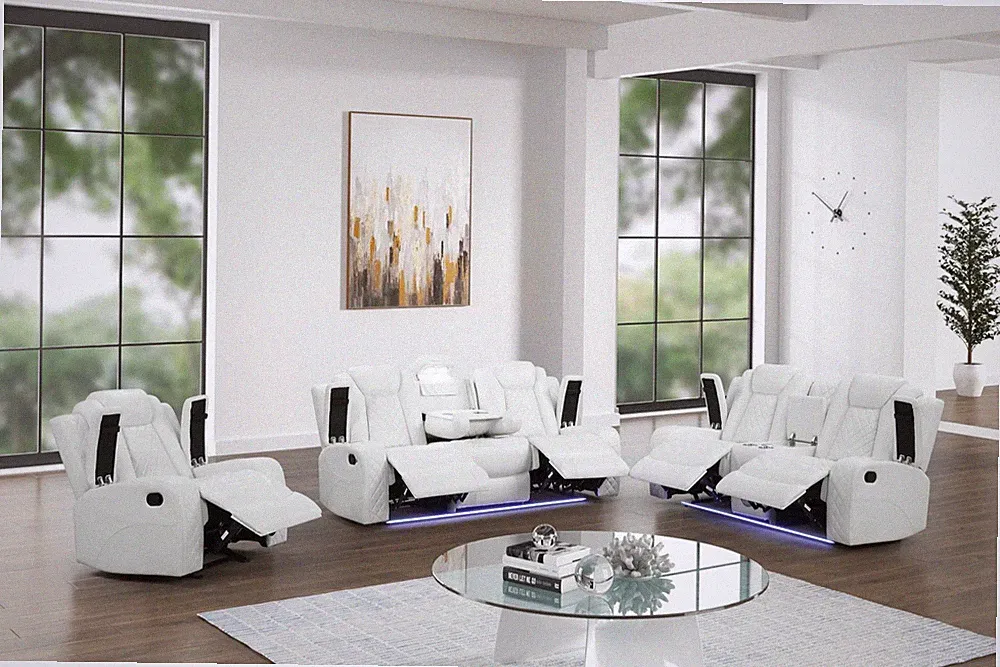 NEW LED 3PC Sofa Loveseat Chair Recliner Set White Leather Bluetooth Speaker