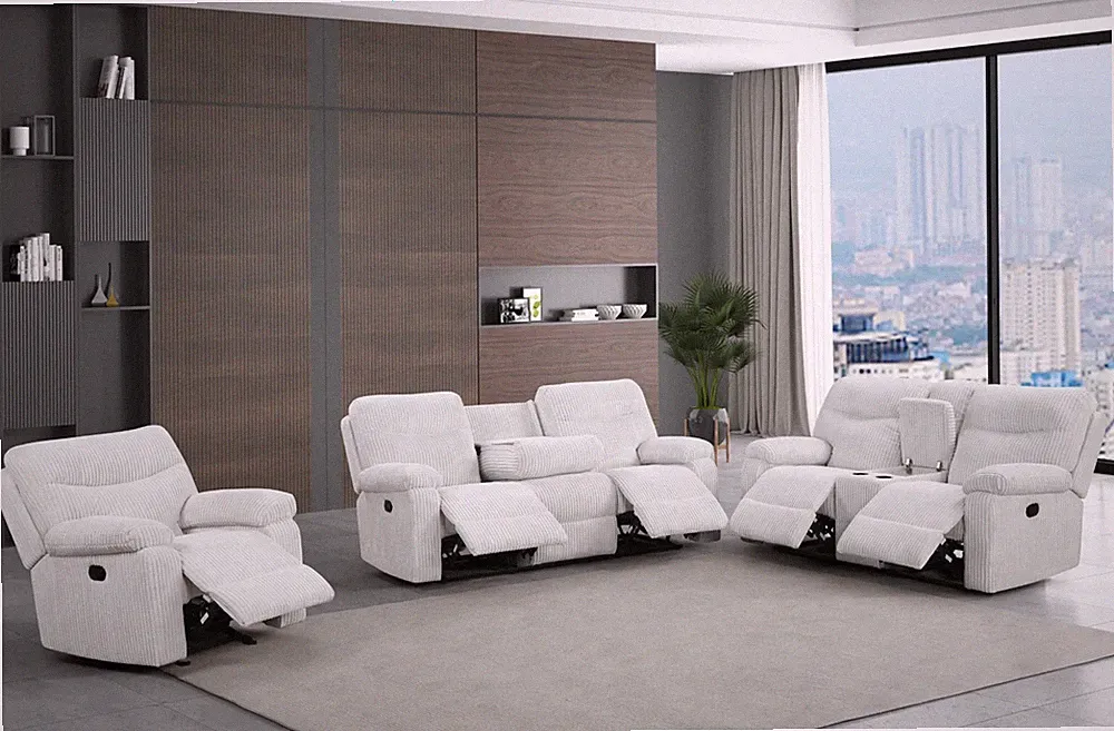 NEW Modern 3PC Sofa Loveseat Chair Fabric Living Room 5-Recliner Set Beige White