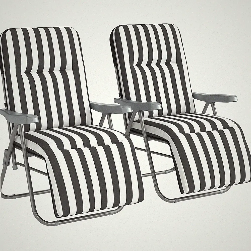Outsunny Set of 2 Adjustable Sun Lounger Recliner Reclining Seat Grey Stripe