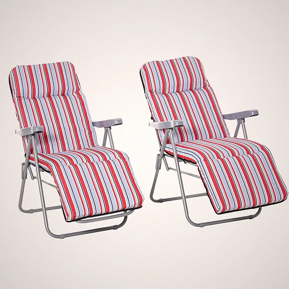 Outsunny Set of 2 Adjustable Sun Lounger Recliner Reclining Seat Red and White