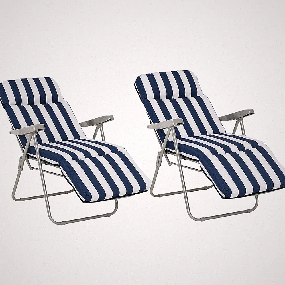 Outsunny Set of 2 Folding Sun Lounger Recliner Chairs Daybed Cushion Blue White