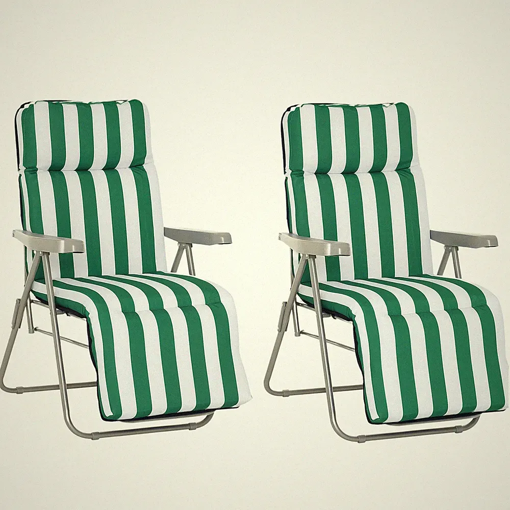 Outsunny Set of 2 Folding Sun Lounger Recliner Chairs Daybed Cushion Green White