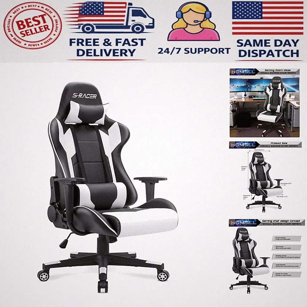 Oversized Gaming Chair - Ergonomic White Leather Office Chair with Recline