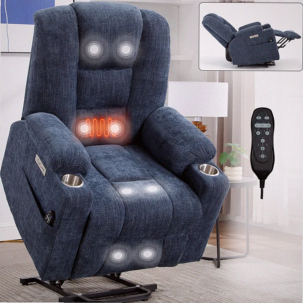Power Lift Recliner Chair with Heat Massage USB Ports Blue Chenille Fabric