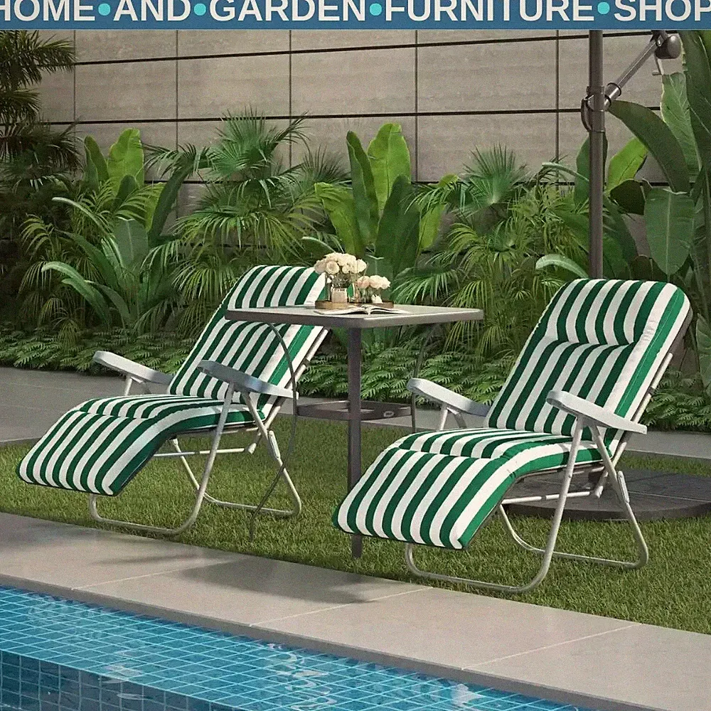 Set of 2 Folding Sun Loungers w/ Cushions Green & White Garden Reclining Chairs​