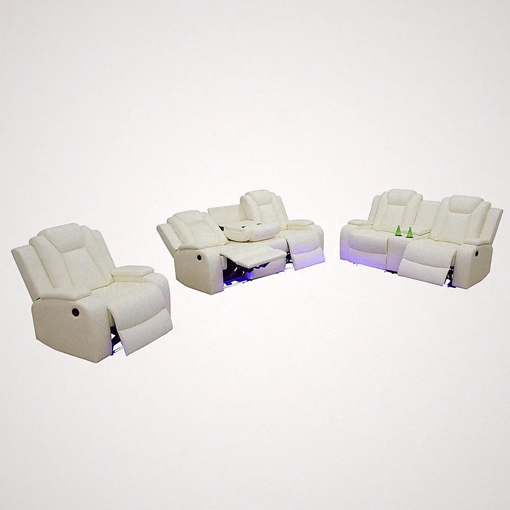 White Breathing Leather 3-Piece Living Room Recliner Sofa Set